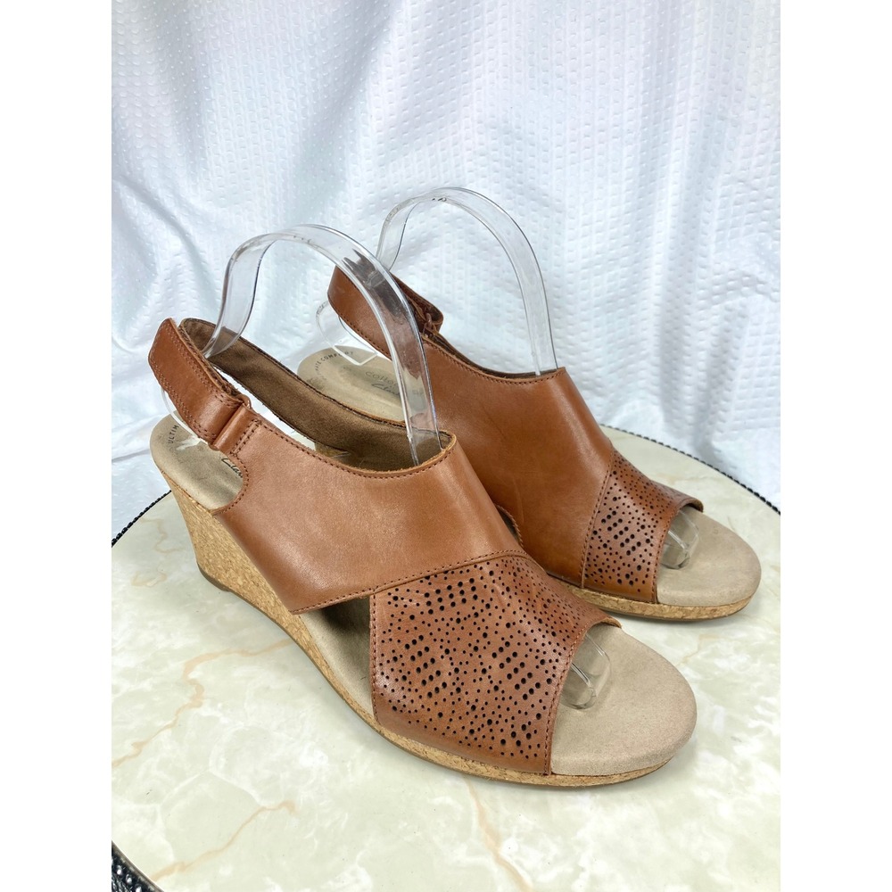 Clarks Lafley Joy Wedge Heel Sandals Womens 10 Tan Slingback Cork Comfort Shoes